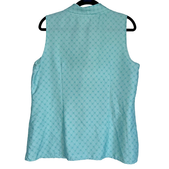Banana Republic Womens Bow Blouse Sleeveless Tie Neck Sz L Aqua Mint Geometric - Picture 7 of 7